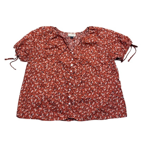 Universal Thread Tops - Universal Thread Womens XL Rust Floral Cotton Button Front Puff Sleeve Blouse
